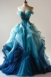 Luxuriöses Ombre Blaues Organza Abendkleid A-Linie Schulterfrei Ballkleid Y8368